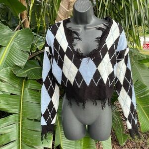 Cropped distressed argyle sweater